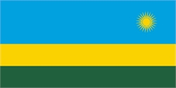 [ai] The flag of Rwanda featuring three horizontal stripes: a blue top stripe, a yellow middle stripe, and a green bottom stripe. A sun with 24 rays is located in the top right corner.